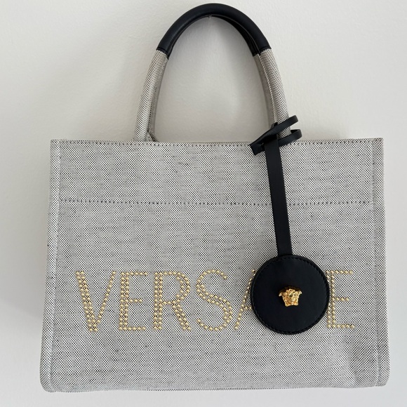 VERSACE Logo Small 2way Tote Shoulder Bag Canvas Leather Gray - Picture 9 of 15